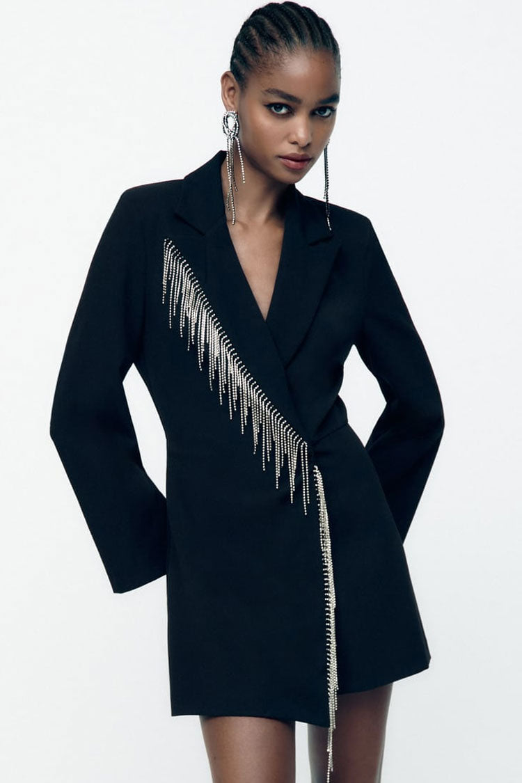 Shimmer Fringe Trim Lapel Collar Long Sleeve Blazer Romper Mini Dress - Black