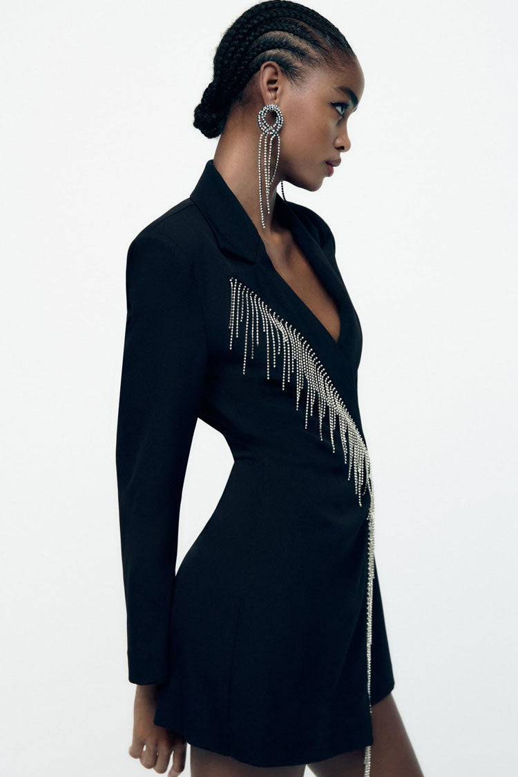 Shimmer Fringe Trim Lapel Collar Long Sleeve Blazer Romper Mini Dress - Black