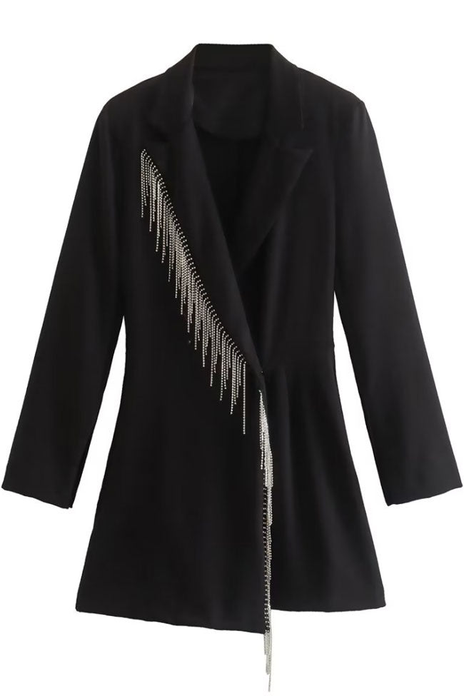 Shimmer Fringe Trim Lapel Collar Long Sleeve Blazer Romper Mini Dress - Black