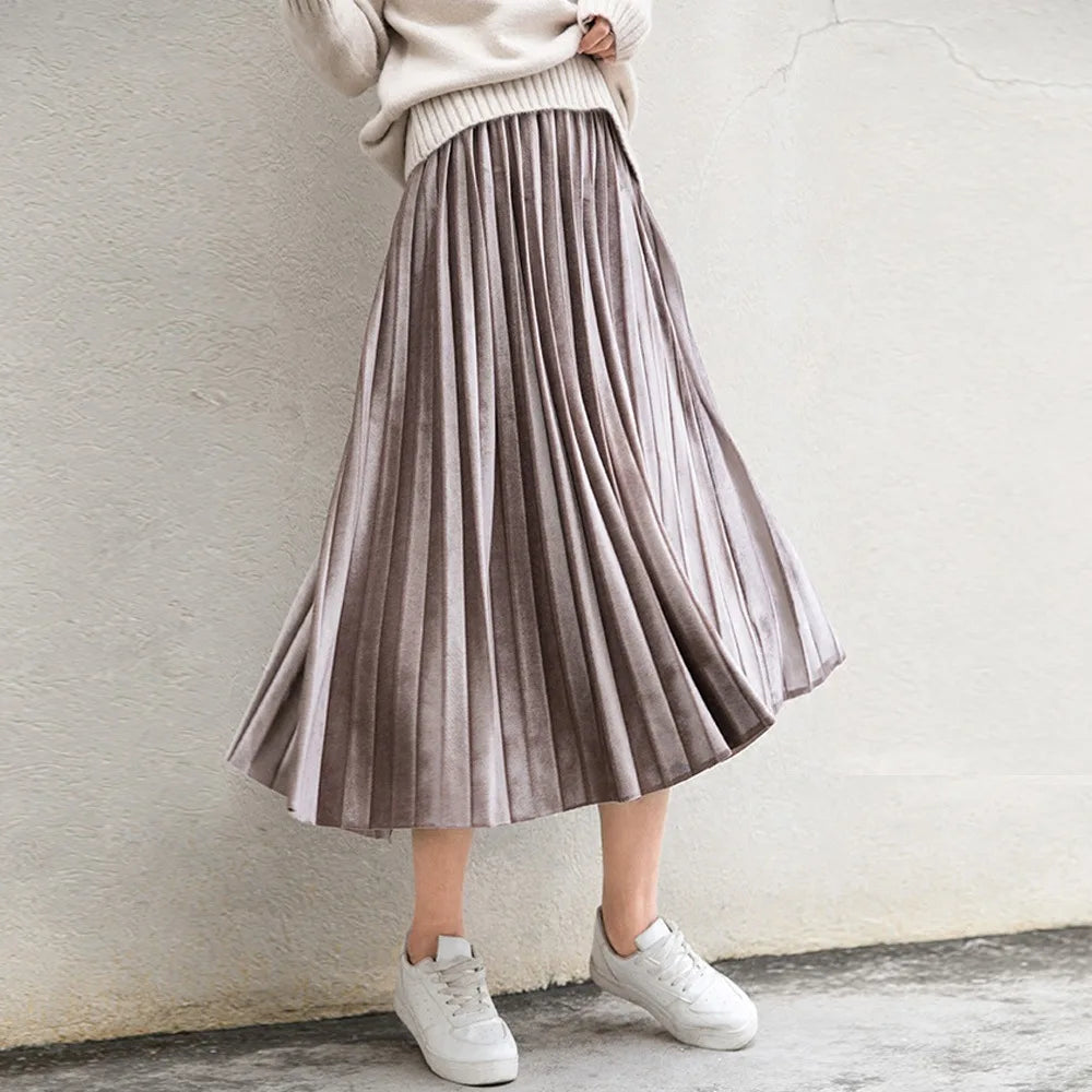 Metallic Silver Pleated High Waist Laidback Party Skirt Midi Dresses