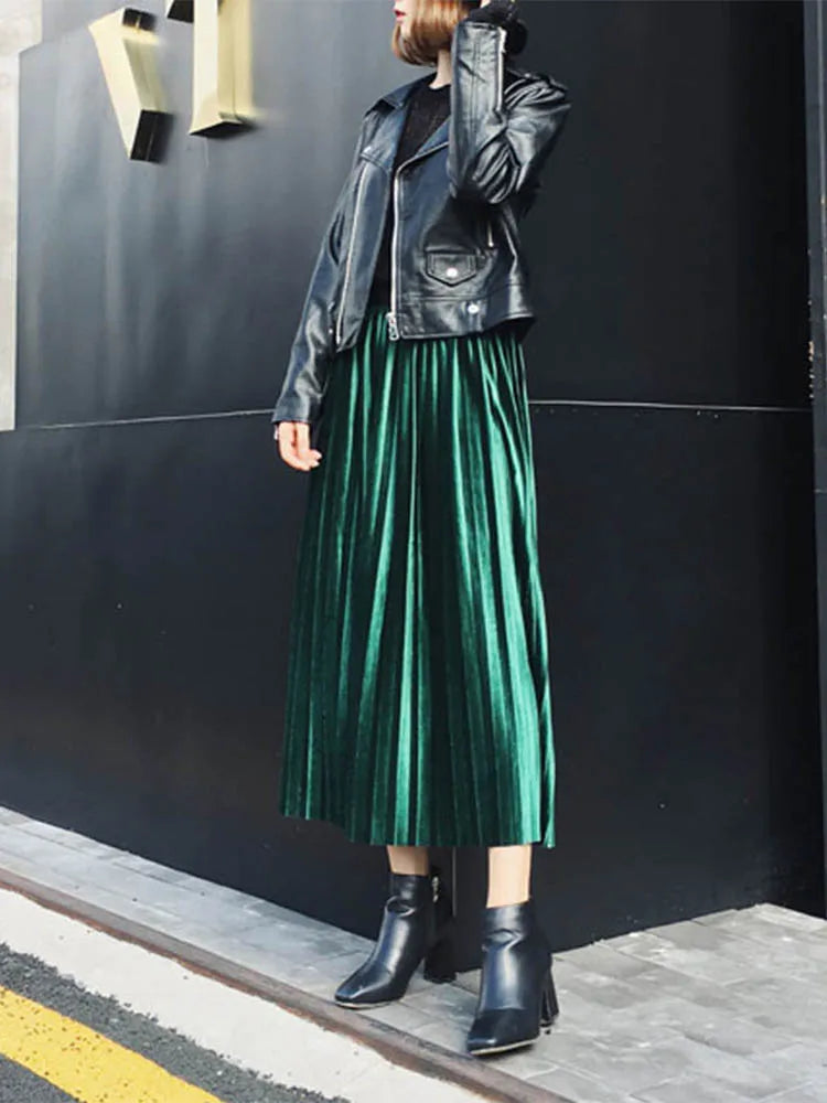 Metallic Silver Pleated High Waist Laidback Party Skirt Midi Dresses