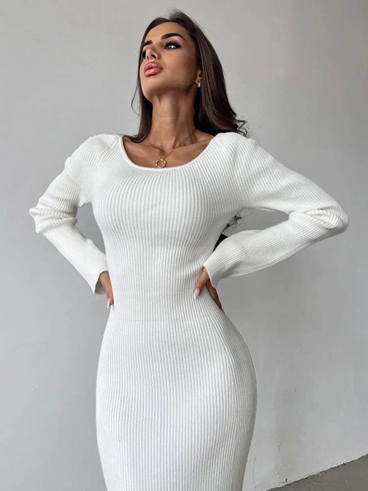 Autumn Spring Women's Solid Color Long sleeved Temperament Slim Hollow Open Midi Dresses