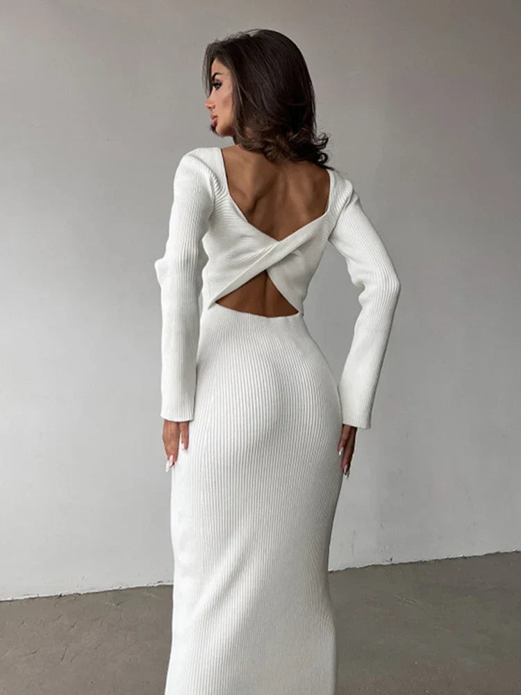 Autumn Spring Women's Solid Color Long sleeved Temperament Slim Hollow Open Midi Dresses