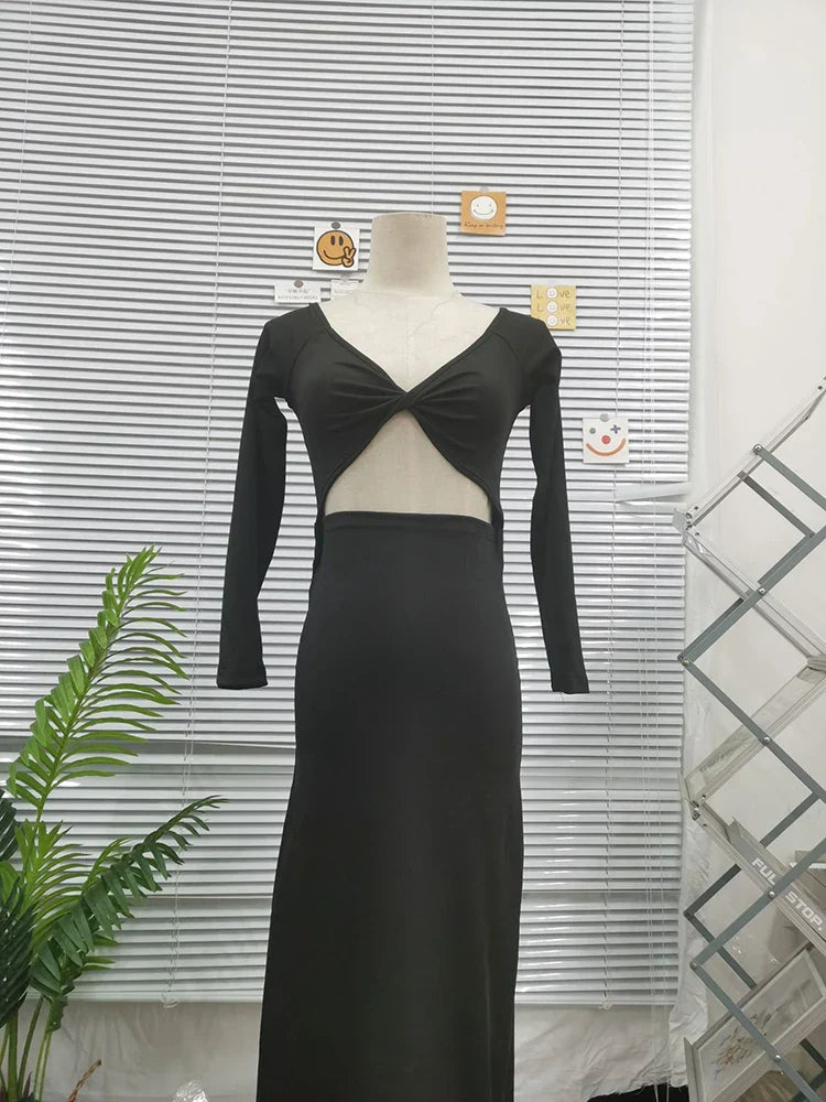 Autumn Spring Women's Solid Color Long sleeved Temperament Slim Hollow Open Midi Dresses