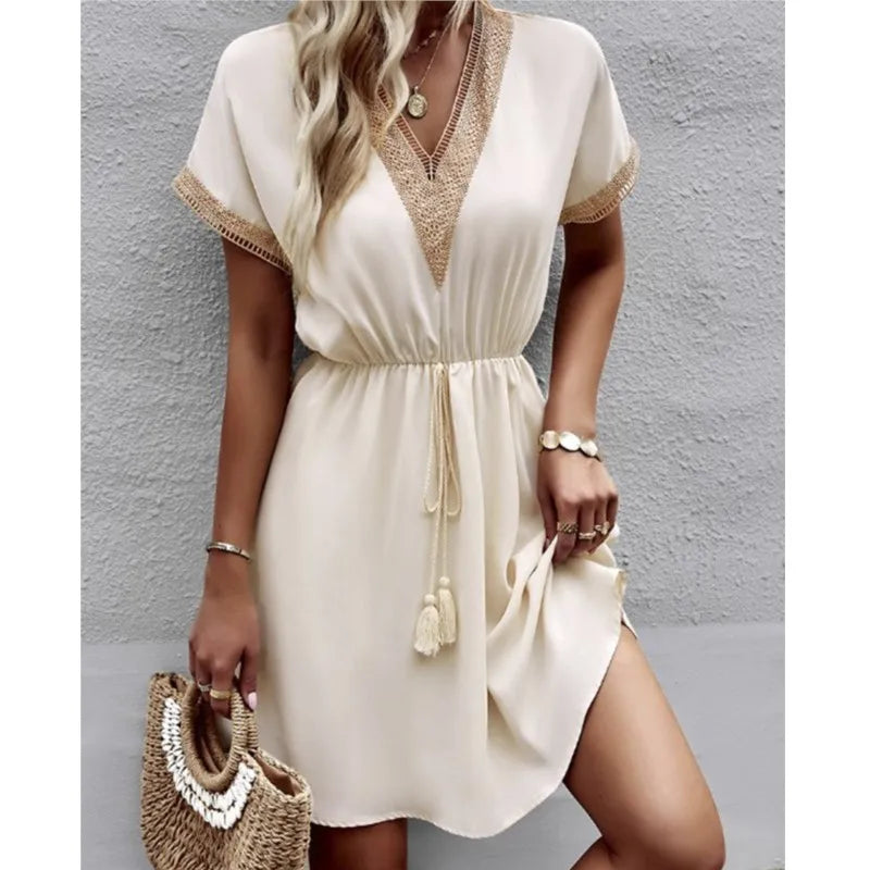 Sweet Fresh Solid Short Lace VNeck Waist Panel Skirt Midi Dresses