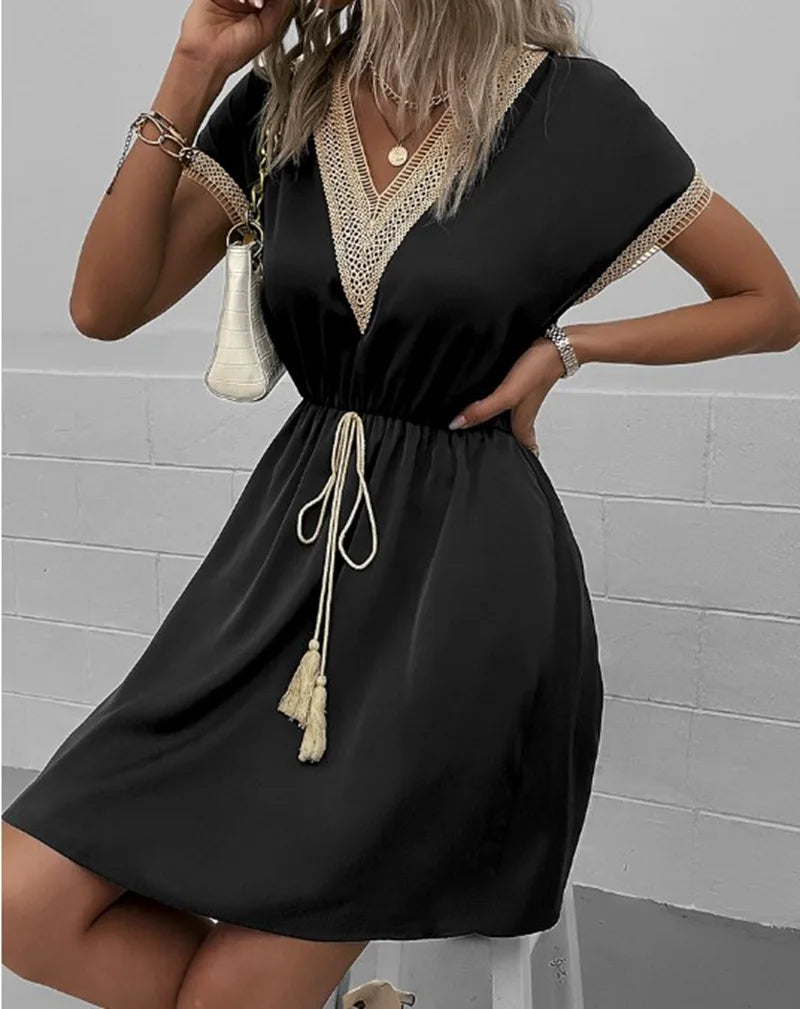 Sweet Fresh Solid Short Lace VNeck Waist Panel Skirt Midi Dresses