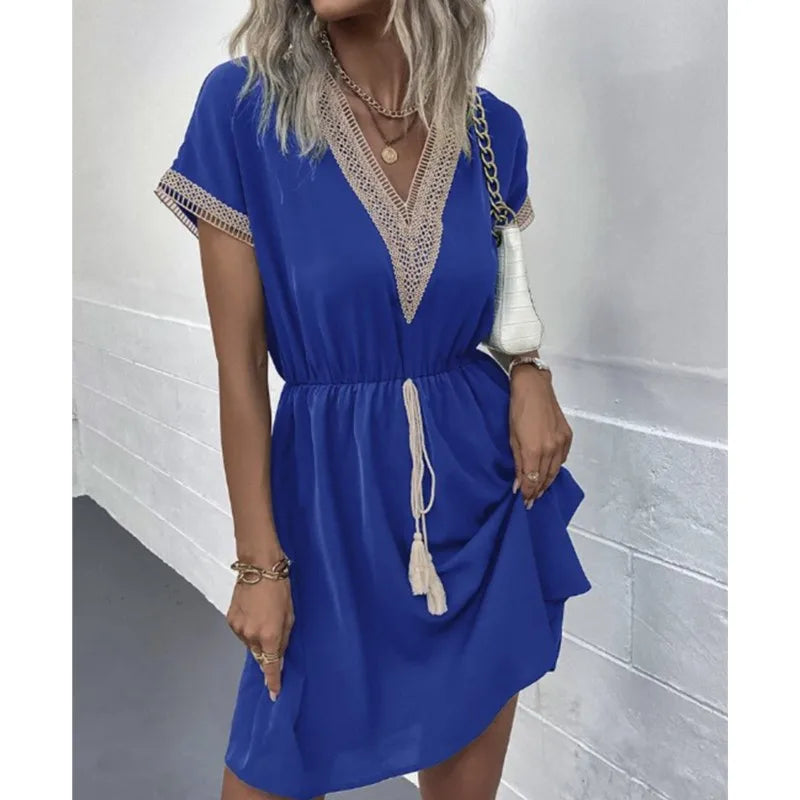 Sweet Fresh Solid Short Lace VNeck Waist Panel Skirt Midi Dresses