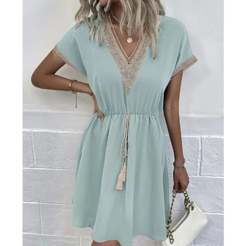 Sweet Fresh Solid Short Lace VNeck Waist Panel Skirt Midi Dresses