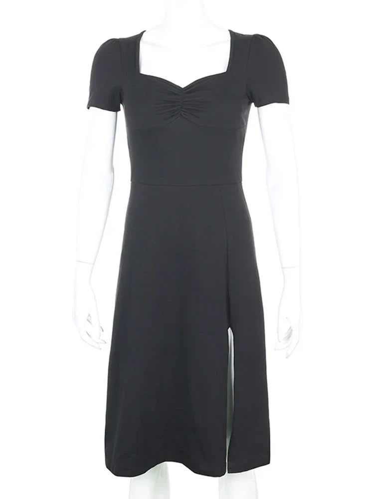 Square Ruched Black Side Split Laidback Gothic Sun New Midi Dresses