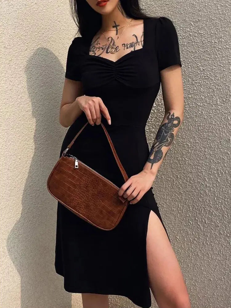 Square Ruched Black Side Split Laidback Gothic Sun New Midi Dresses