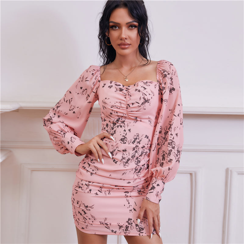 Square collar puff sleeve Botanical print dress