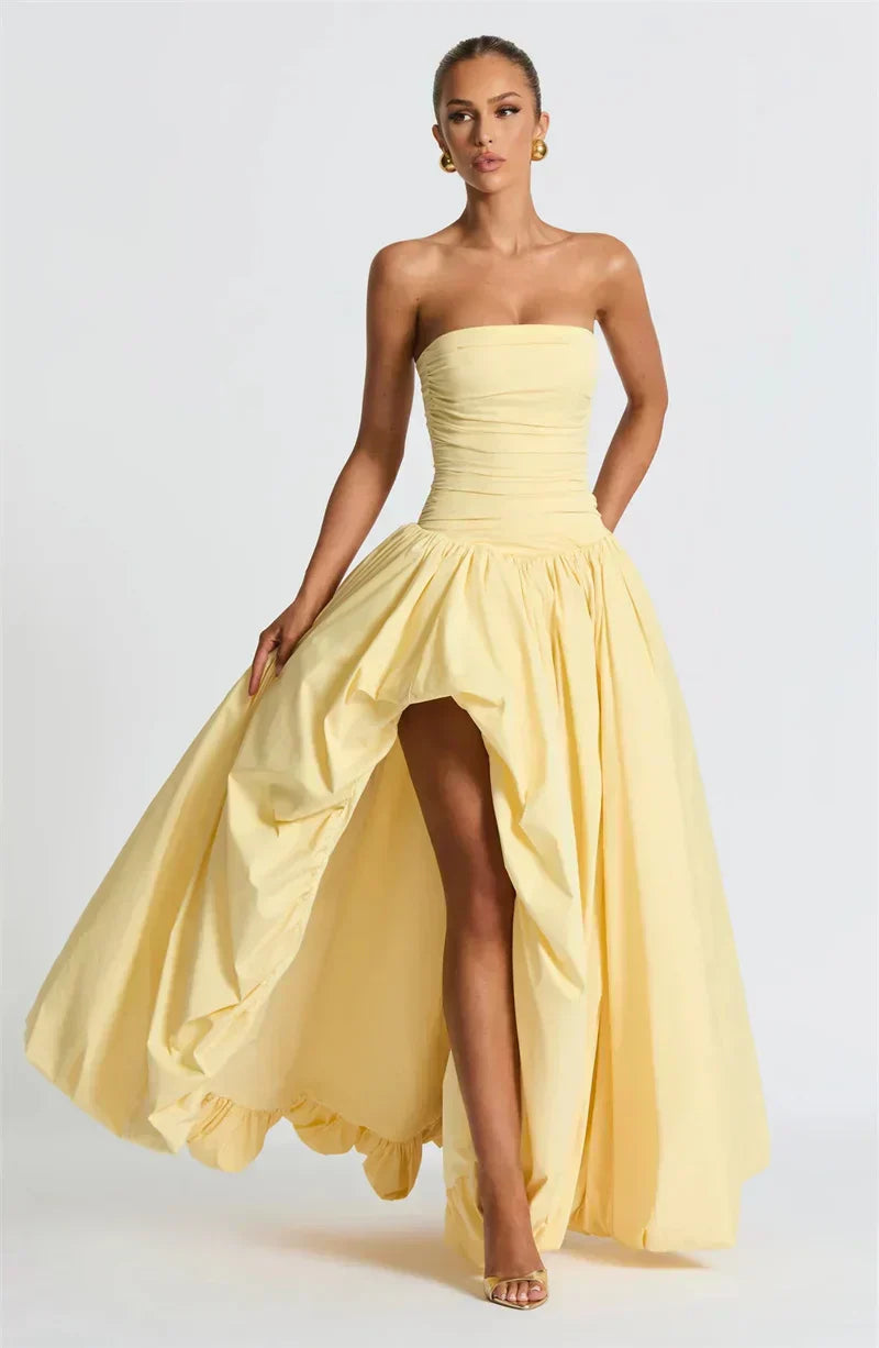 Strapless High Split LaceUp Back Maxi Dress