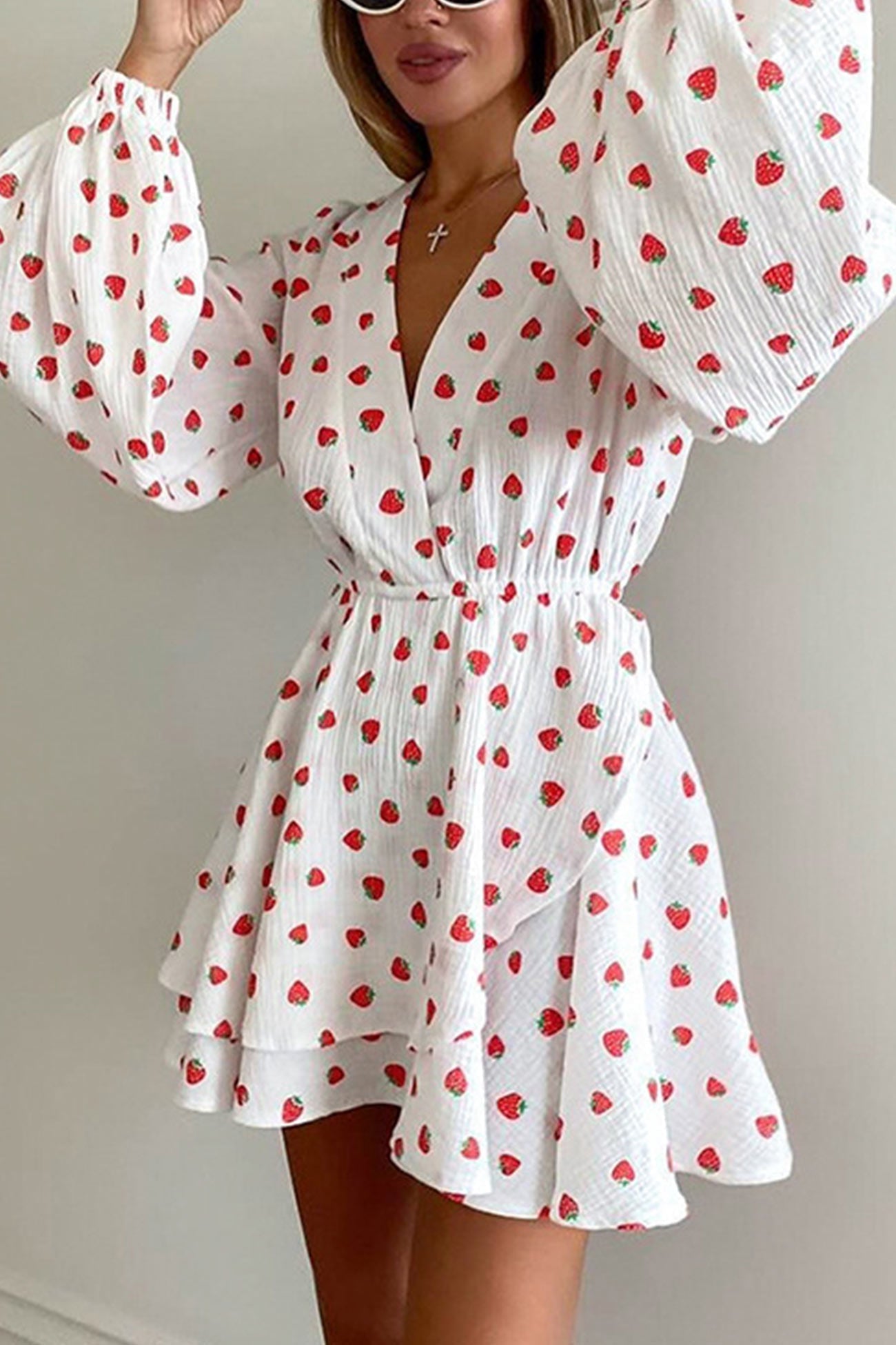 Print Strawberry Puff Sleeve Cotton Dress