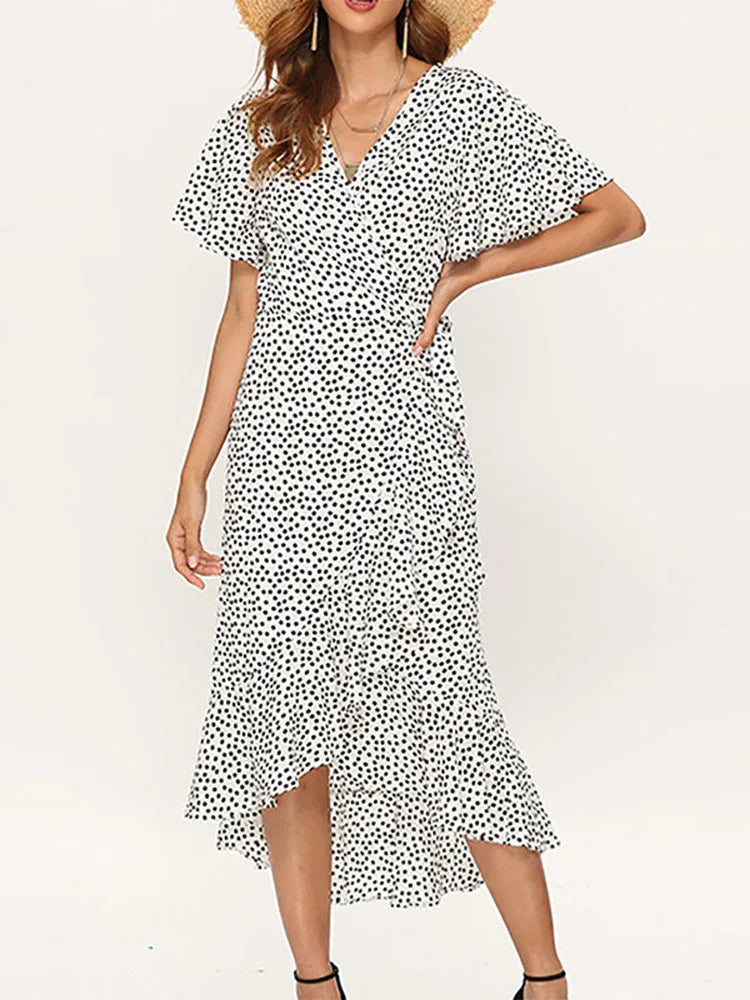Summer Beach Bloom Boho Chiffon Ruffles Wrap VNeck Split Robe Femme Midi Dresses