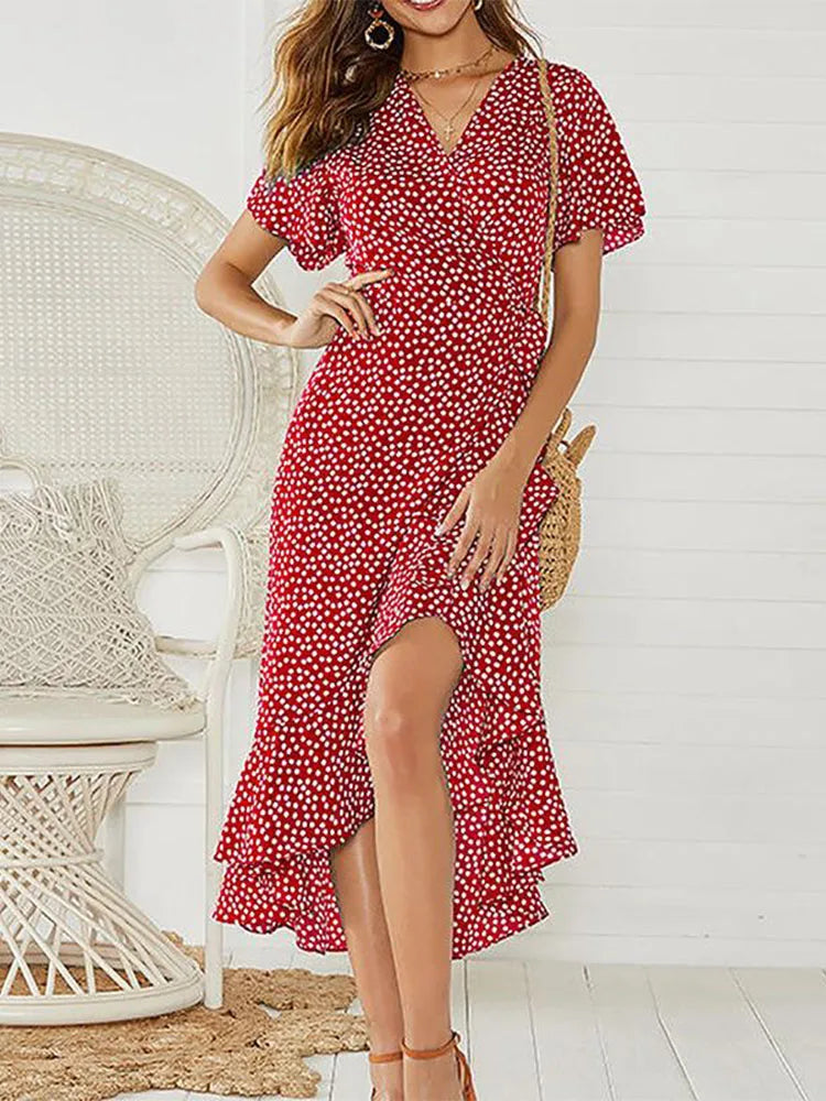 Summer Beach Bloom Boho Chiffon Ruffles Wrap VNeck Split Robe Femme Midi Dresses