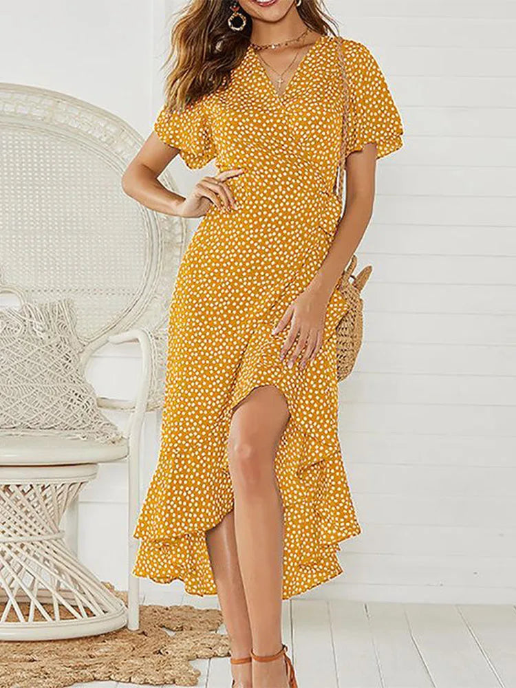 Summer Beach Bloom Boho Chiffon Ruffles Wrap VNeck Split Robe Femme Midi Dresses