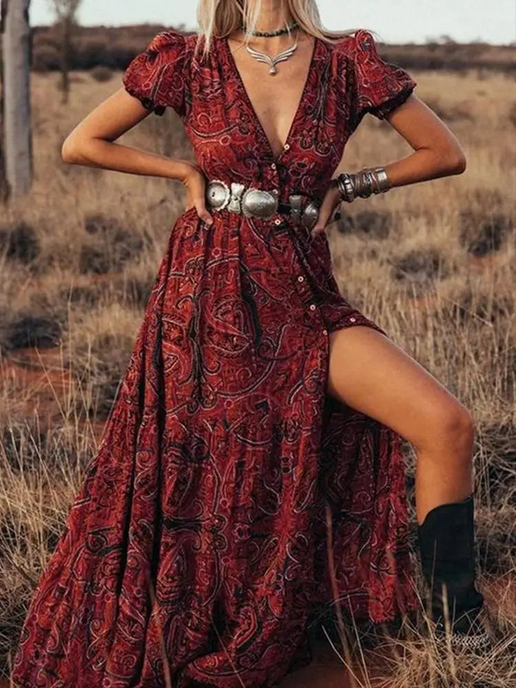 2024 Graceful HighWaist Bohemian Floral Print Maxi Boho Dress