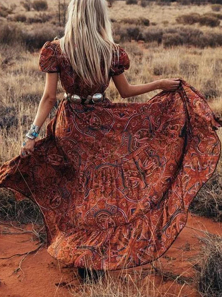 2024 Graceful HighWaist Bohemian Floral Print Maxi Boho Dress