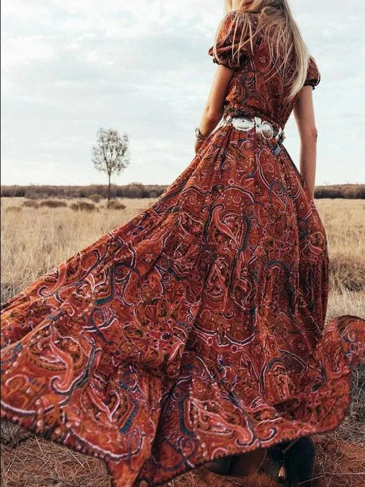 2024 Graceful HighWaist Bohemian Floral Print Maxi Boho Dress