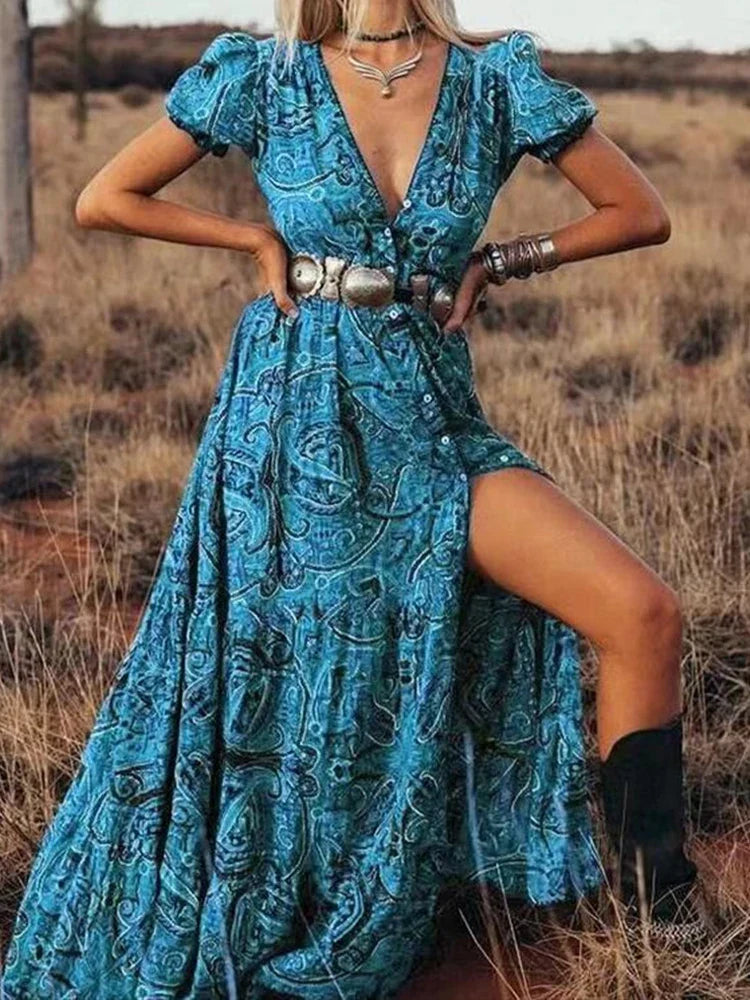 2024 Graceful HighWaist Bohemian Floral Print Maxi Boho Dress