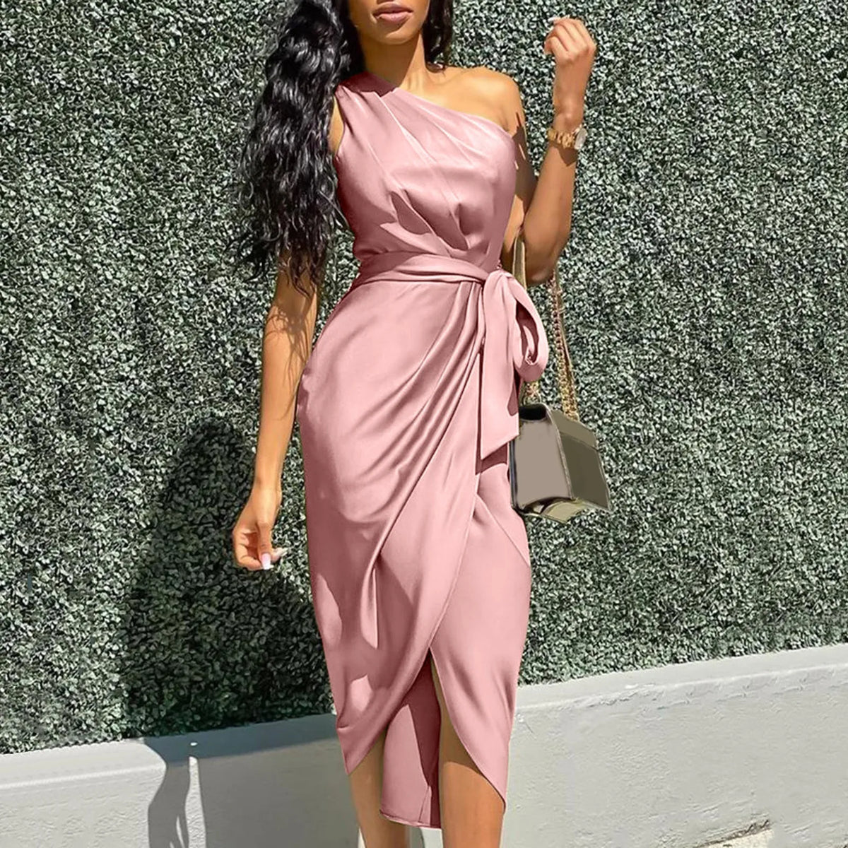 Asymmetrical Green One Shoulder Satin Ruched Midi Dress