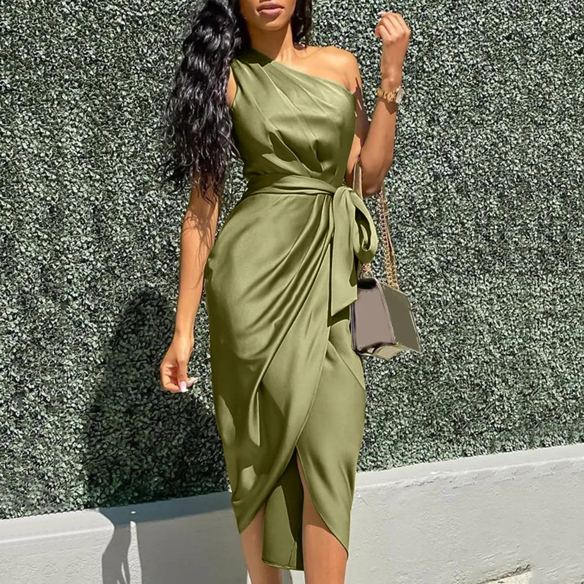 Asymmetrical Green One Shoulder Satin Ruched Midi Dress