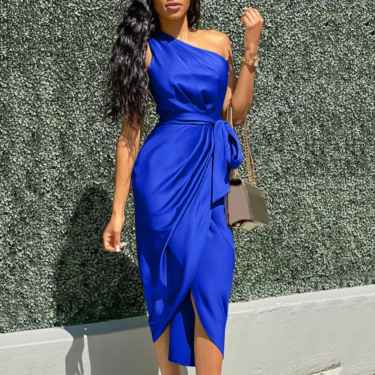 Asymmetrical Green One Shoulder Satin Ruched Midi Dress