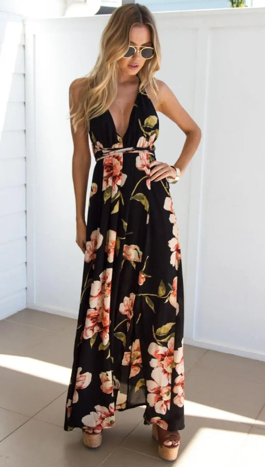 Summer Botanical Pleated Backless Robe Evenning Midi Dresses