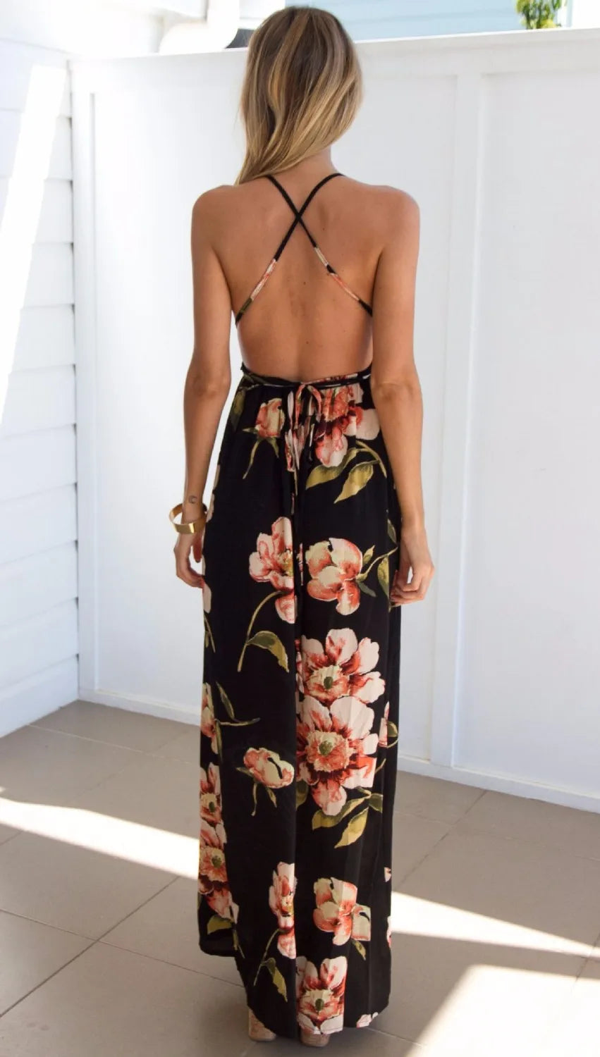 Summer Botanical Pleated Backless Robe Evenning Midi Dresses
