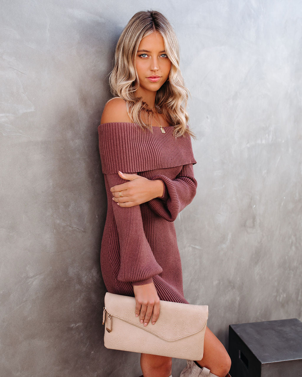 Off Tammy The Shoulder Ribbed Knit Sweater Dress Cinnamon FINAL