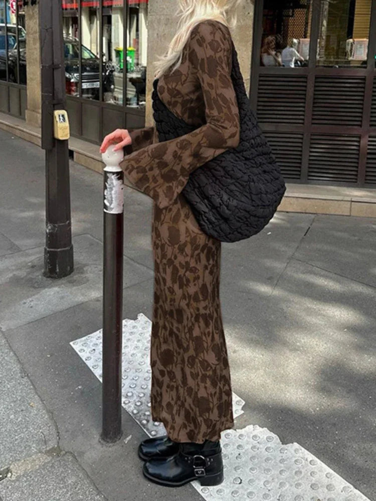 2024 New Street Slim Retro Print High Waist Femme Bodycon Maxi Dress