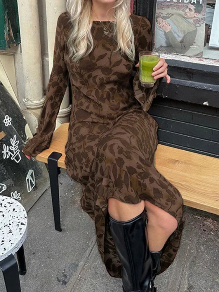 2024 New Street Slim Retro Print High Waist Femme Bodycon Maxi Dress