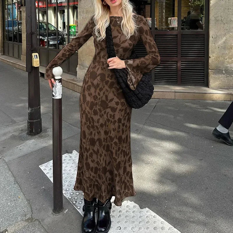 2024 New Street Slim Retro Print High Waist Femme Bodycon Maxi Dress