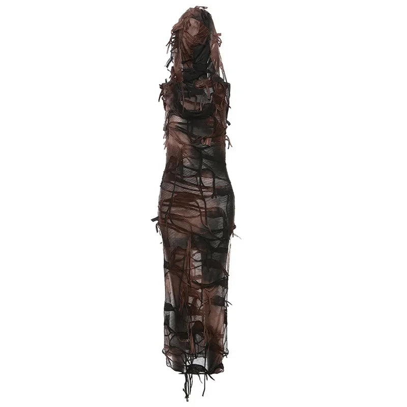 Tassel Classic Gothic Hooded Midi Dress Fairy Grunge Y2K High Split Sleeveless Tie Dye Dress