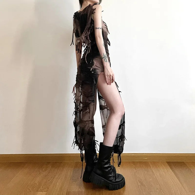Tassel Classic Gothic Hooded Midi Dress Fairy Grunge Y2K High Split Sleeveless Tie Dye Dress