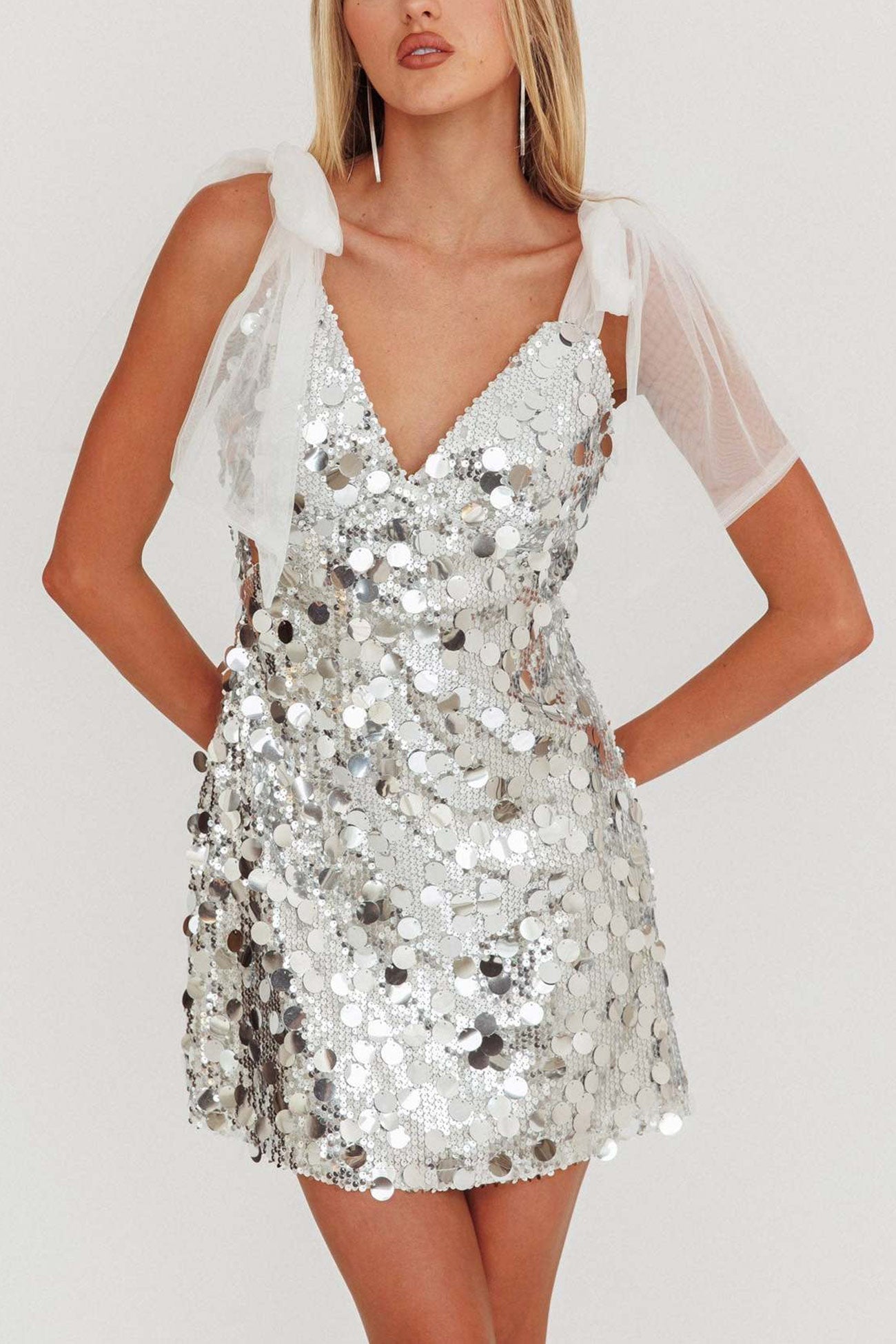 up Tie Low Cut Sequin Mini Dress