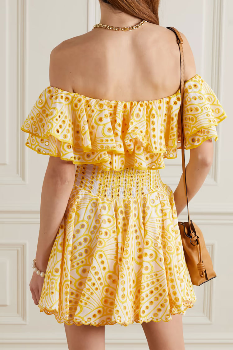 Off Tiered Shoulder Broderie Anglaise Ruffle Mini Dress - Yellow