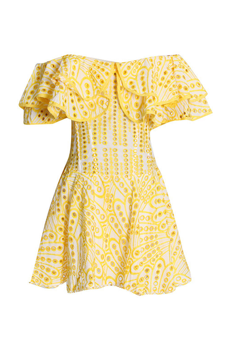 Off Tiered Shoulder Broderie Anglaise Ruffle Mini Dress - Yellow