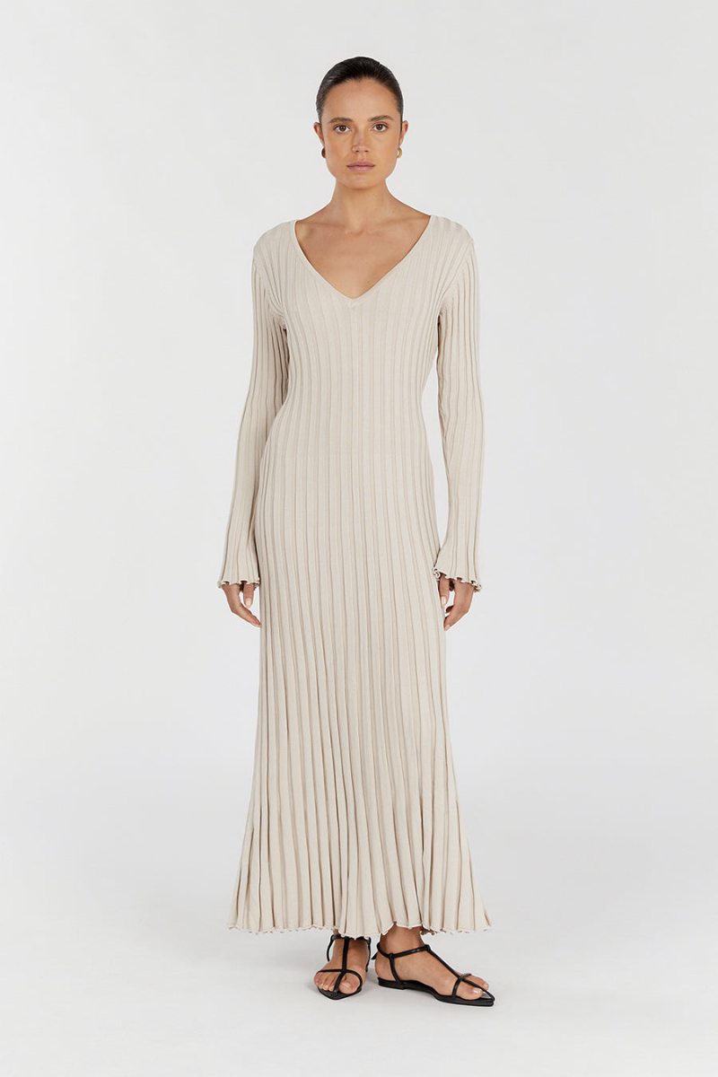 Premium Rita Midi Dress with V Neck and Knitted Sleeves Chic Silhouette Collection