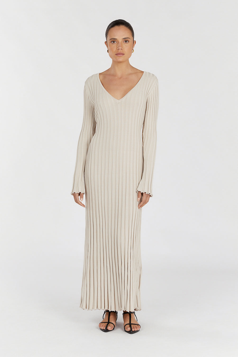 Minimalist Verónica Midi Dress with V Neck and Knitted Sleeves Elevated Occasion Wear