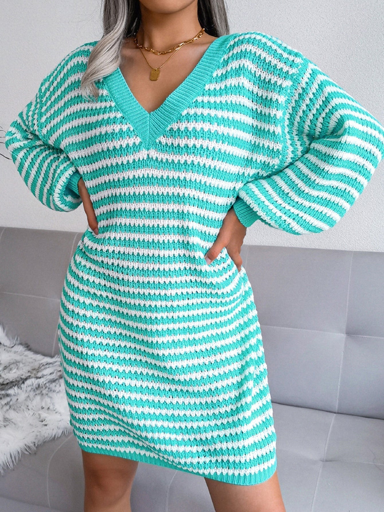 Neck V Bishop Sleeve Striped Sweater Dress