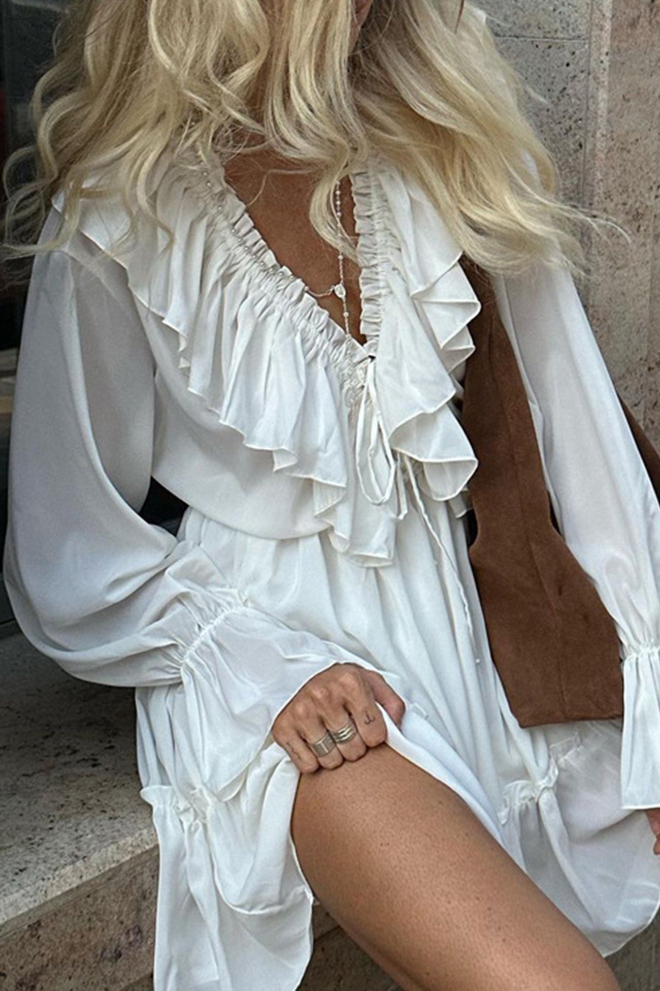 Neck V Pleated Trumpet Sleeve Ruffle Dress