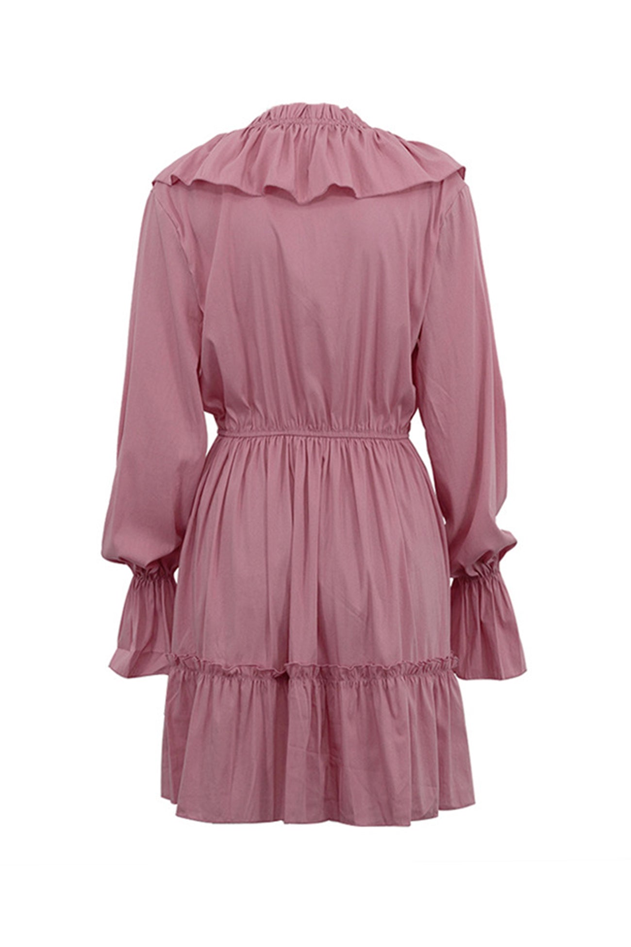 Neck V Pleated Trumpet Sleeve Ruffle Dress