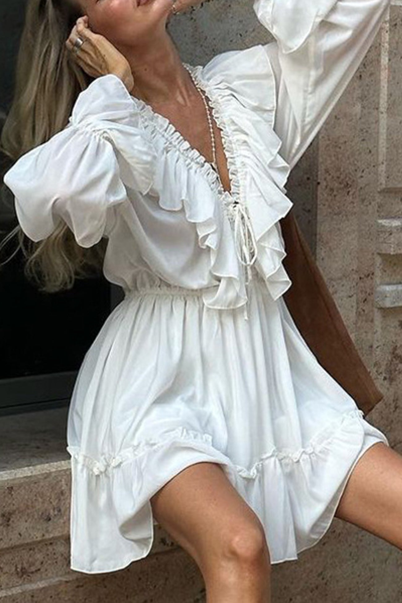 Neck V Pleated Trumpet Sleeve Ruffle Dress