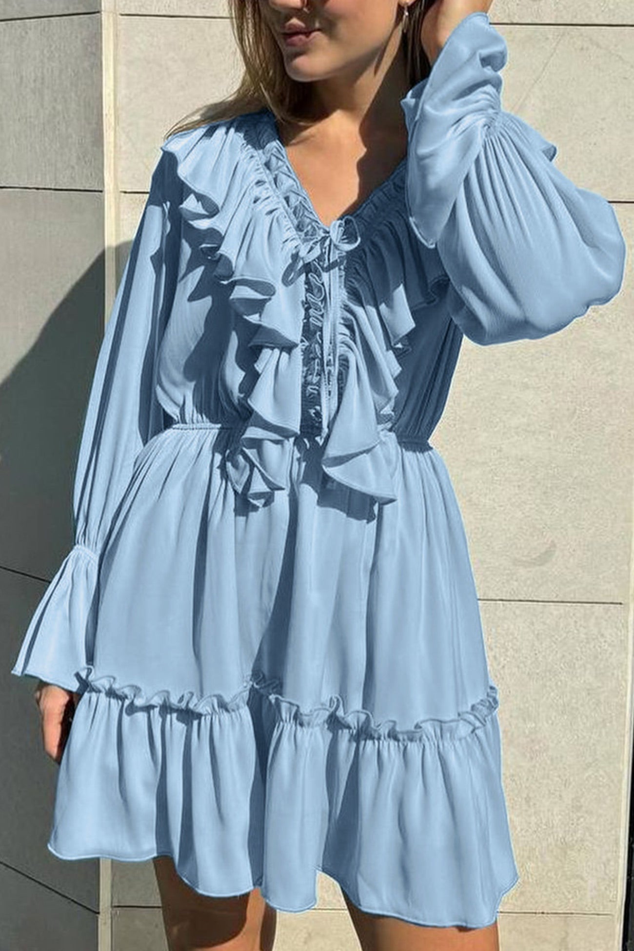 Neck V Pleated Trumpet Sleeve Ruffle Dress