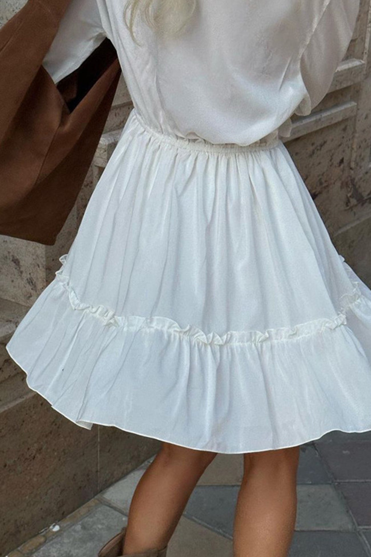 Neck V Pleated Trumpet Sleeve Ruffle Dress