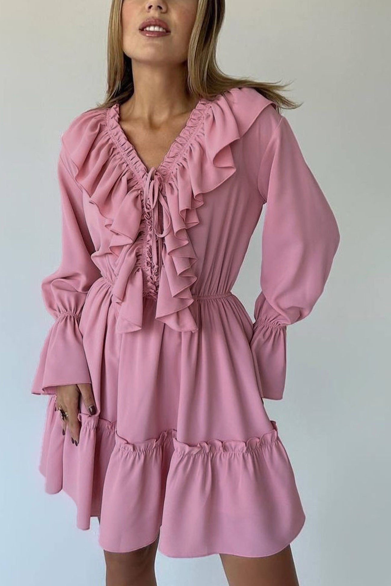 Neck V Pleated Trumpet Sleeve Ruffle Dress
