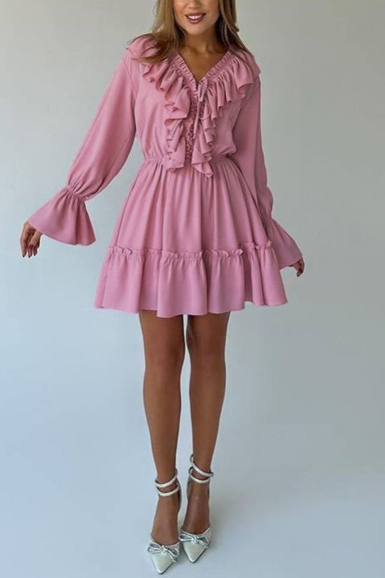 Neck V Pleated Trumpet Sleeve Ruffle Dress