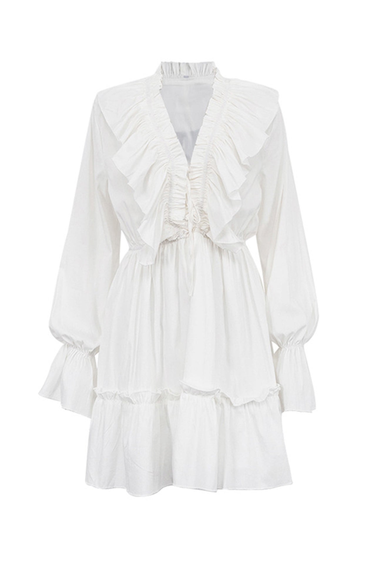 Neck V Pleated Trumpet Sleeve Ruffle Dress