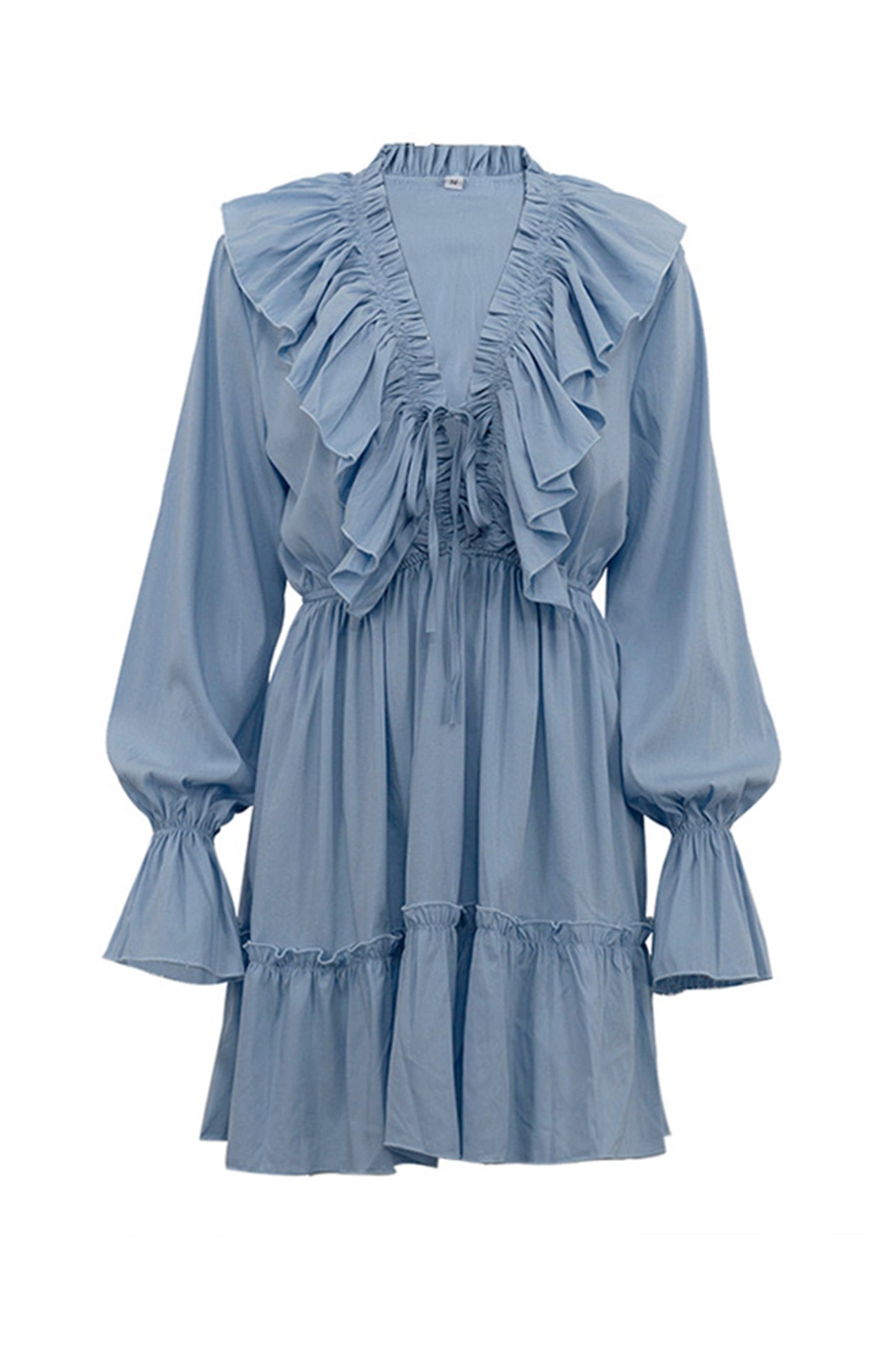 Neck V Pleated Trumpet Sleeve Ruffle Dress